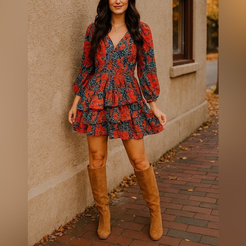 Ulla Johnson Miranda Dress – Red/Blue Floral Print, Tiered Ruffle Hem, Size 10